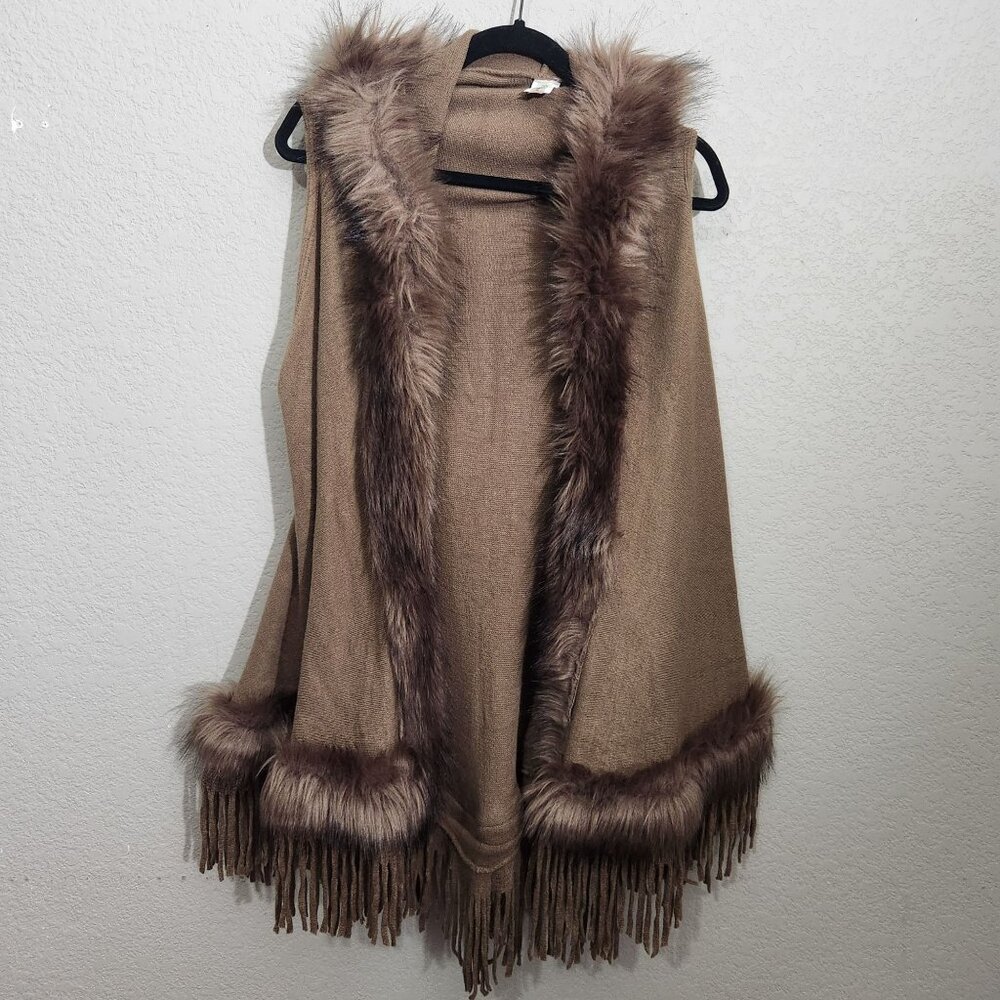 Pinklicious Faux Fur Trim Hooded Tan Fringe Vest Cloak L XL